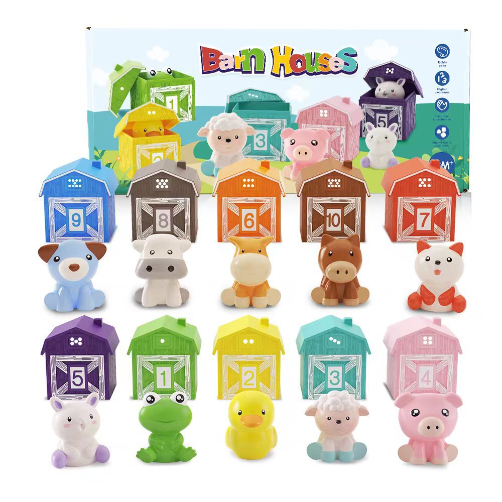 Stacking Barn Toys with 10 Farm Animals and Numbered Houses