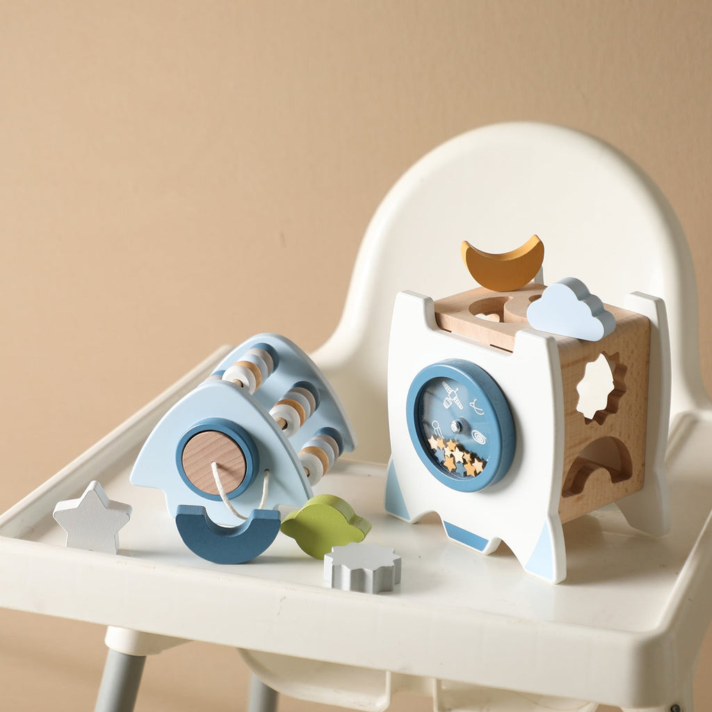 Wooden Rocket Toy with Shape Sorter and Space Theme