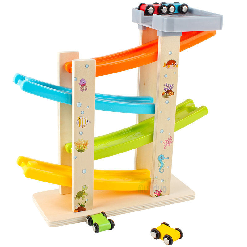 Wooden Car Ramp Toy with 4 Racing Cars