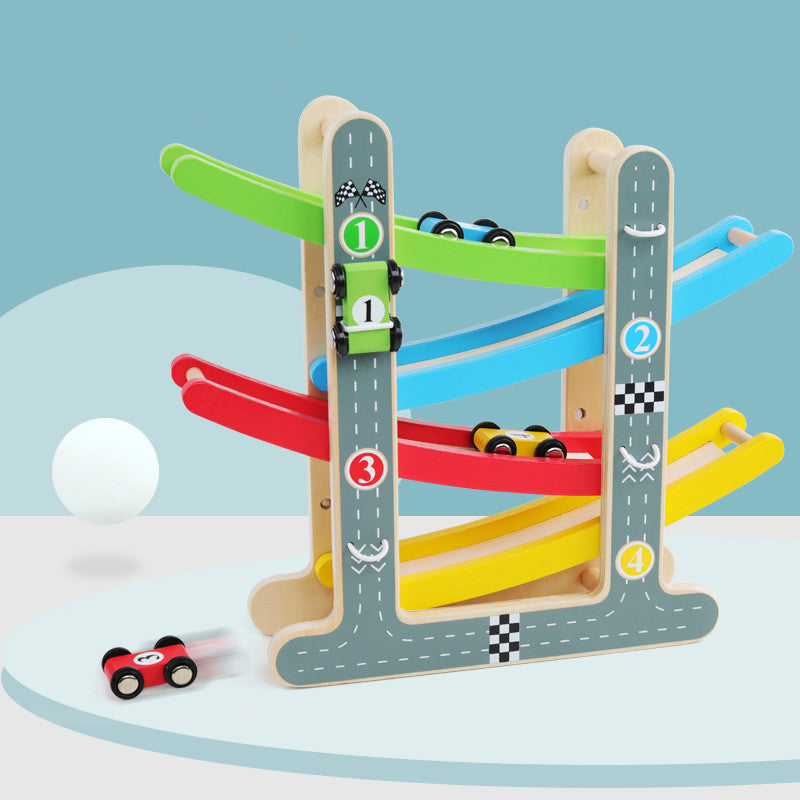 Wooden Car Ramp Toy with 4 Racing Cars