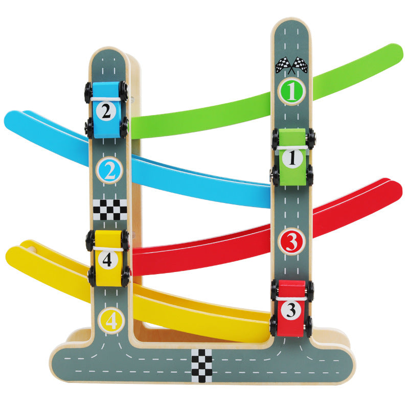 Wooden Car Ramp Toy with 4 Racing Cars