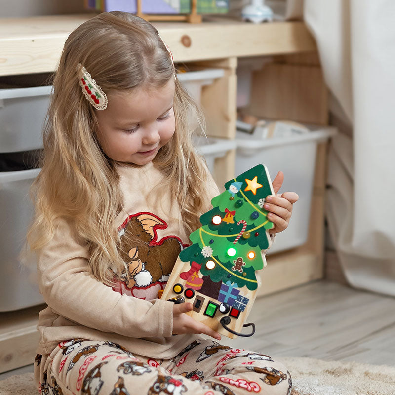 Busy Board Toy with Switches, Lights and Christmas Tree Design