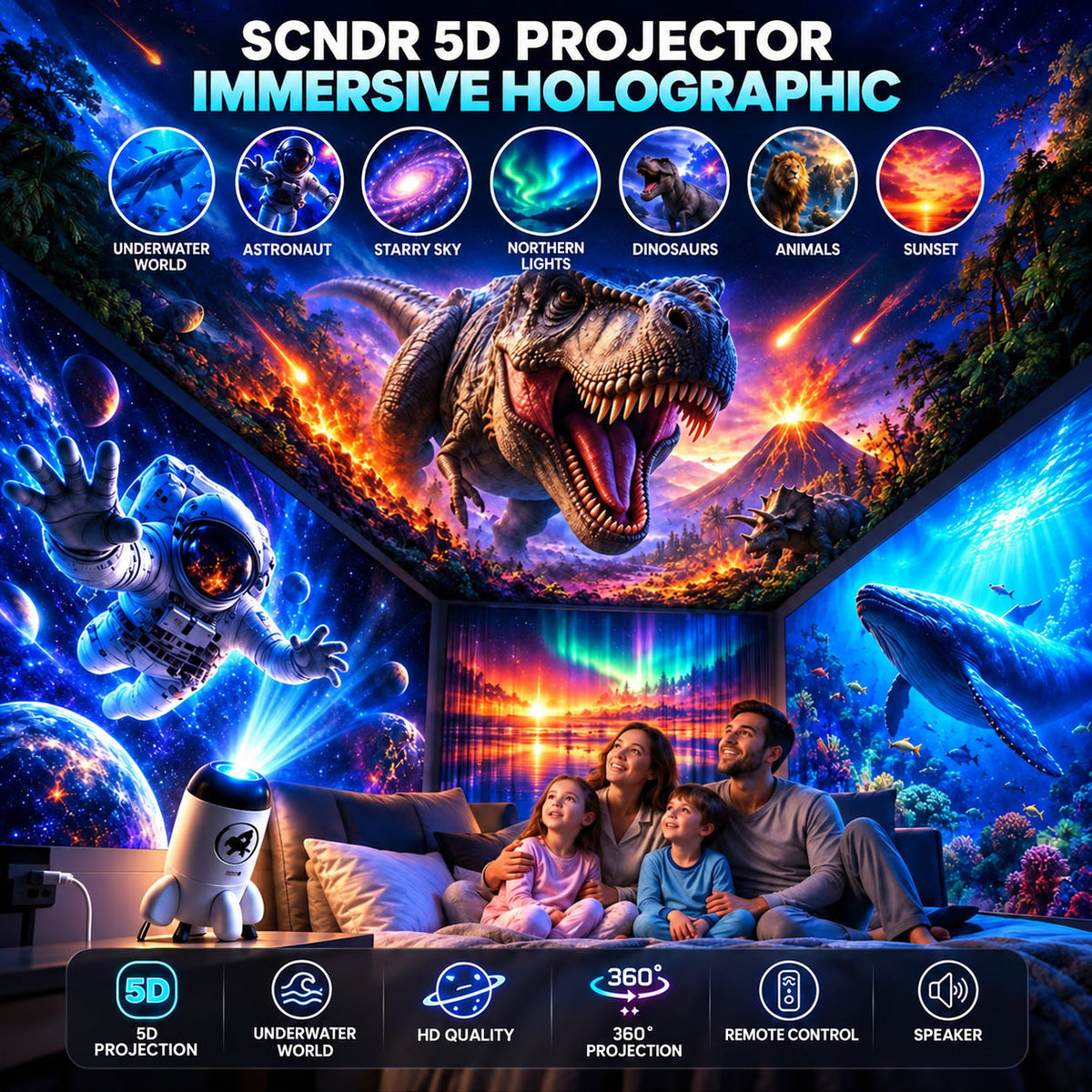 5D Holographic Projector with Galaxy and Ocean Scenes