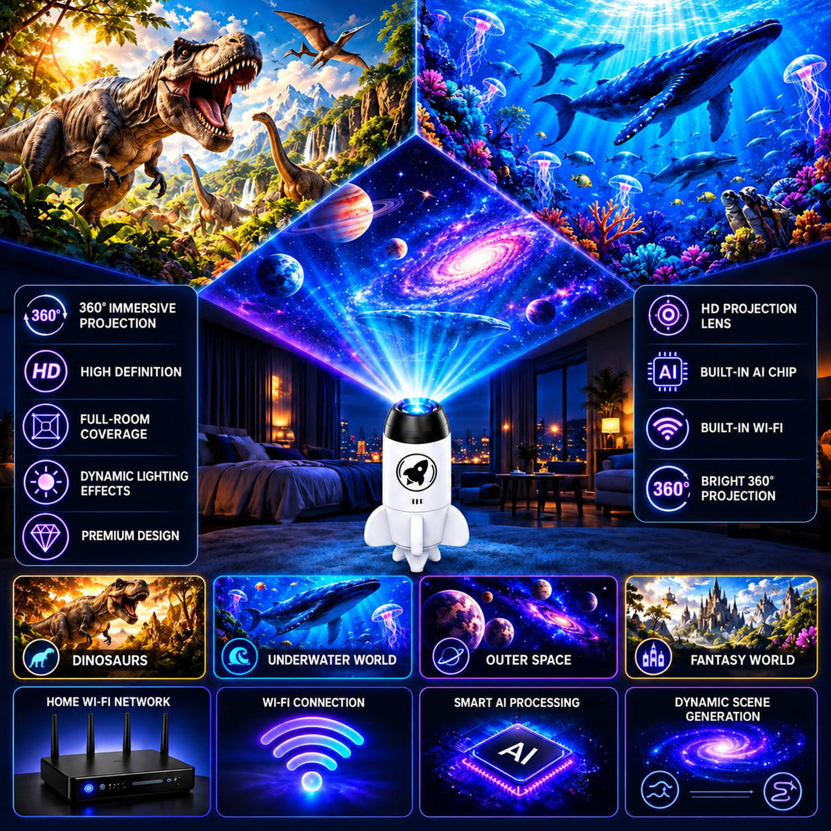 5D Holographic Projector with Galaxy and Ocean Scenes