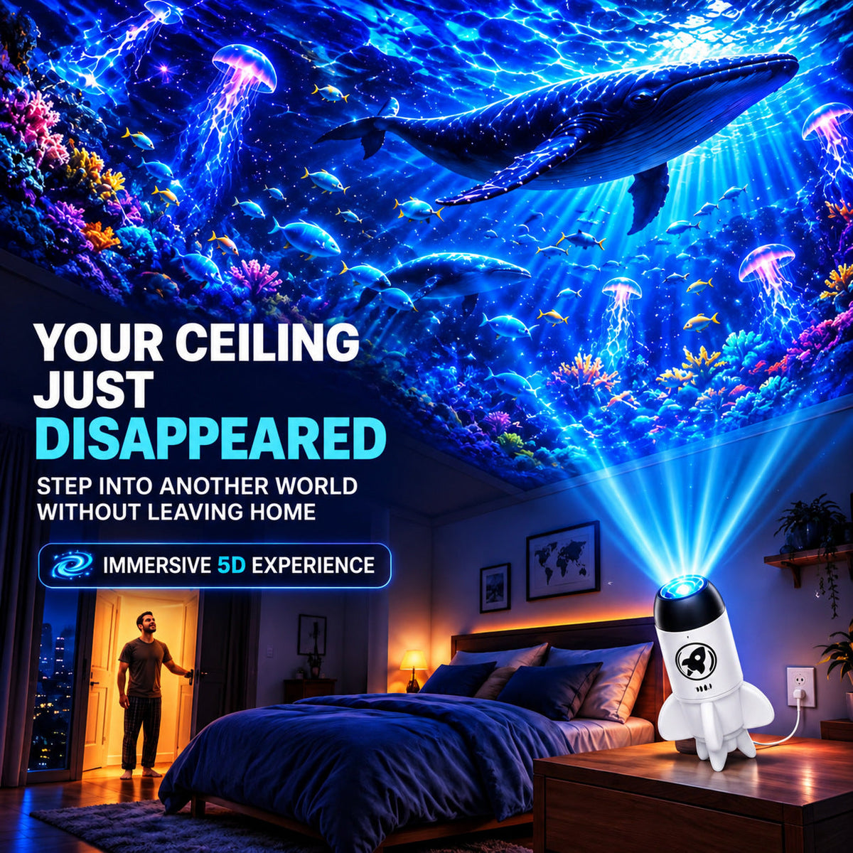 5D Holographic Projector with Galaxy and Ocean Scenes