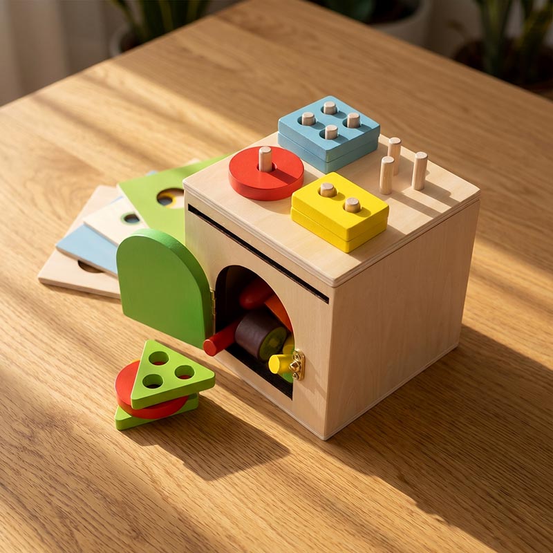 Wooden Sorting Toy, 6-in-1 Activity Box with Shapes