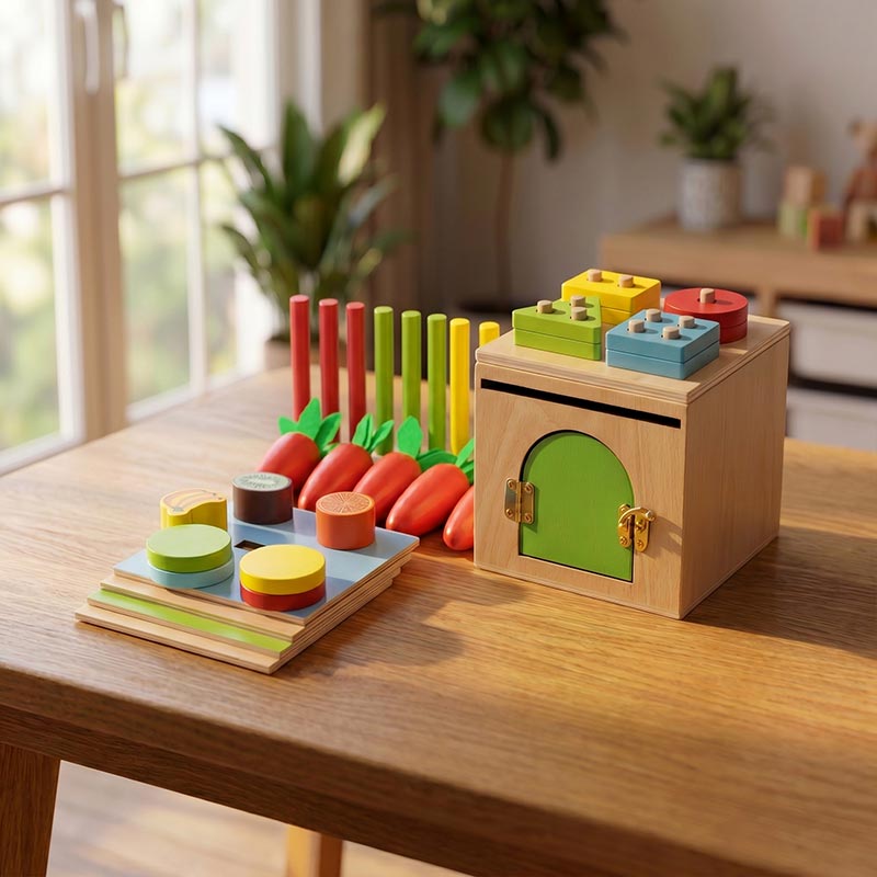 Wooden Sorting Toy, 6-in-1 Activity Box with Shapes