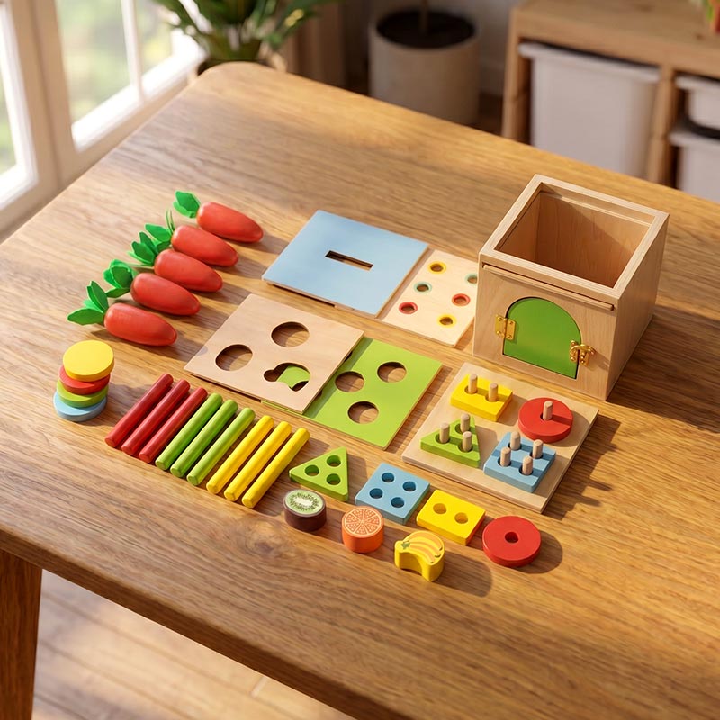 Wooden Sorting Toy, 6-in-1 Activity Box with Shapes