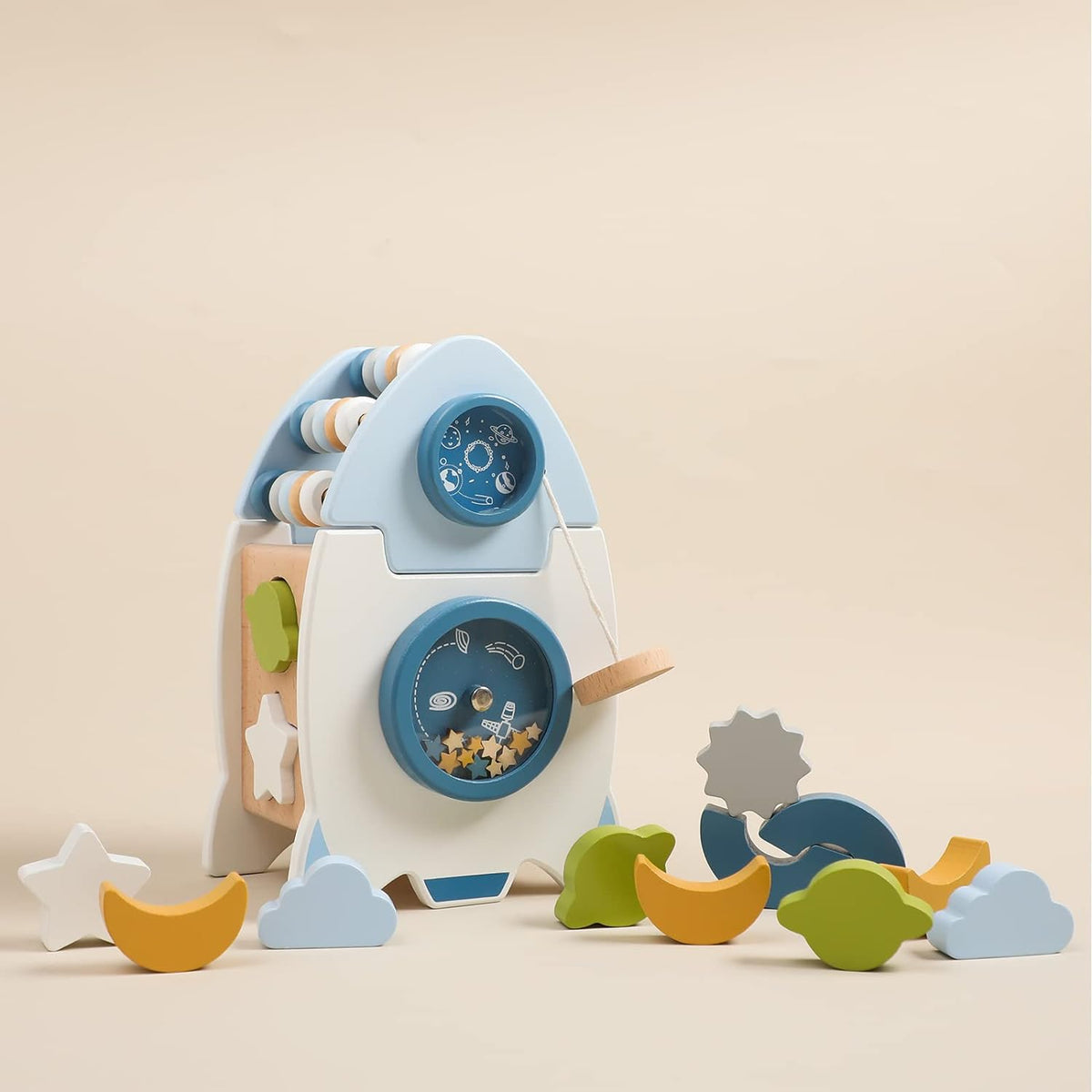 Wooden Rocket Toy with Shape Sorter and Space Theme