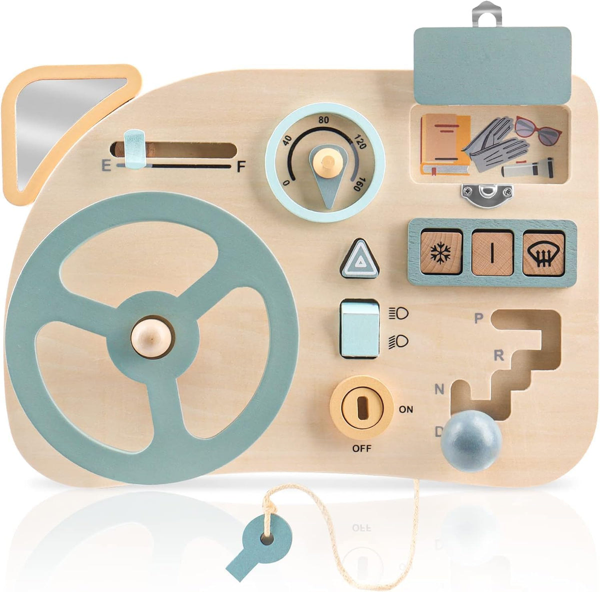 Wooden Steering Wheel Toy Dashboard with Interactive Controls