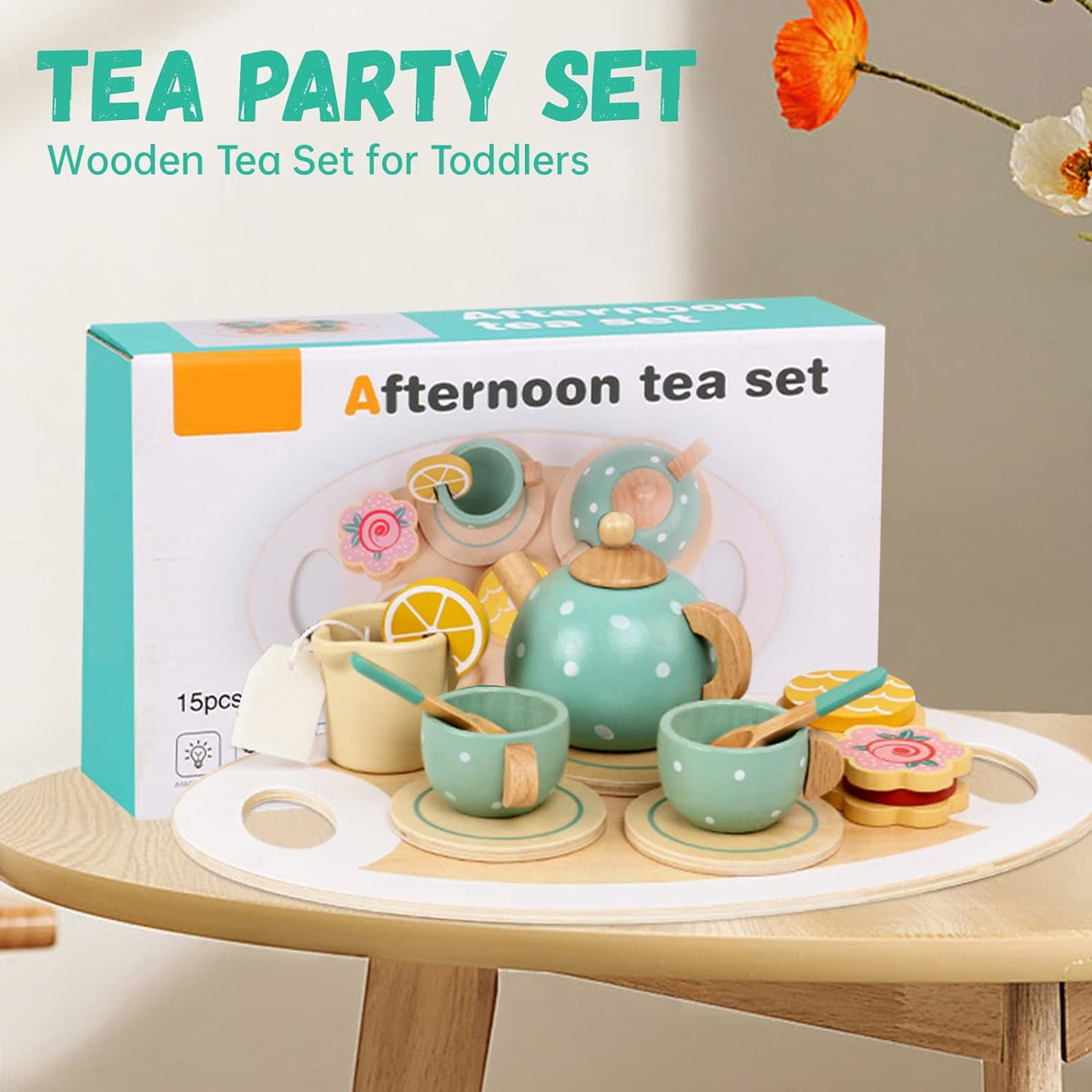 Wooden Tea Set for Pretend Play with Polka Dot Teapot