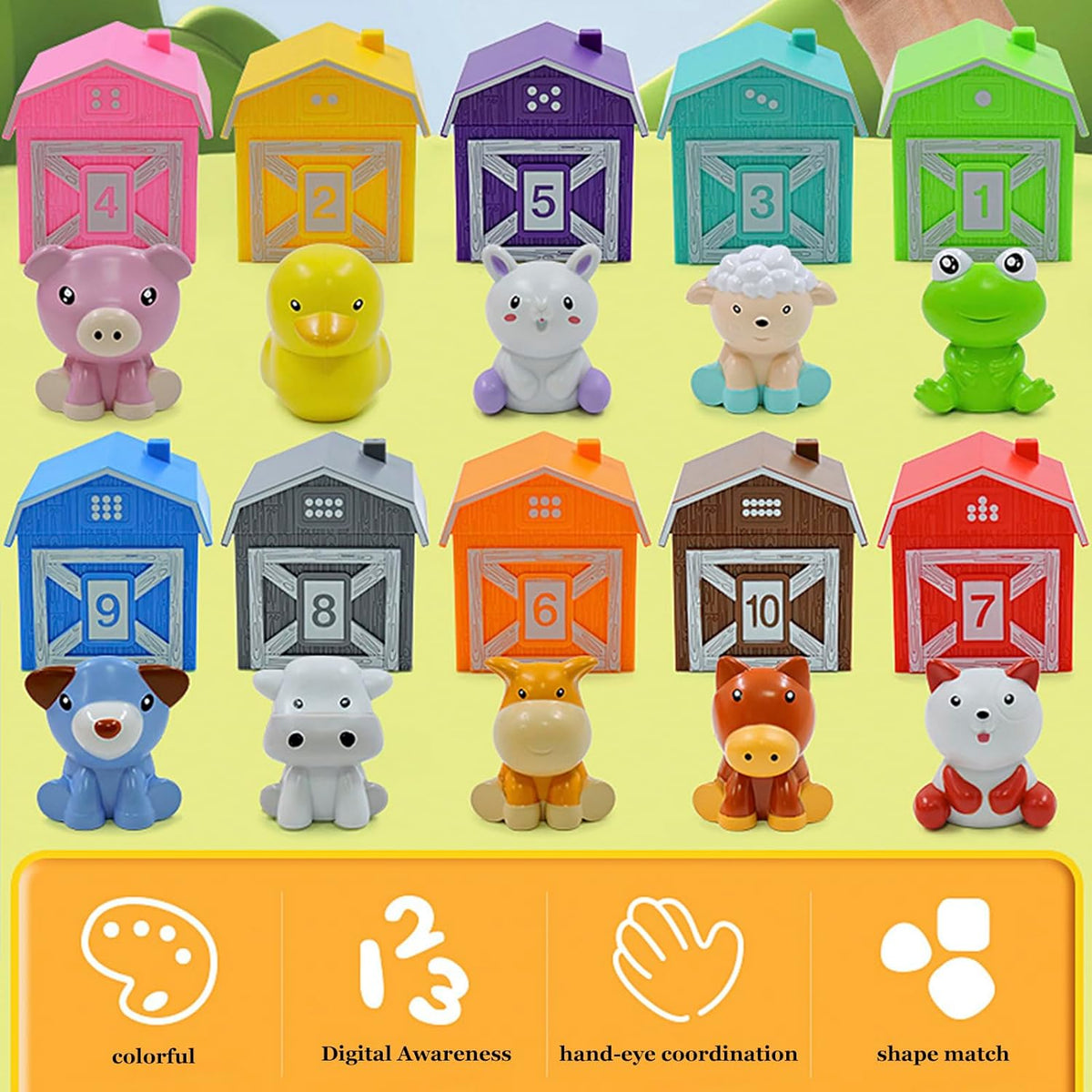 Stacking Barn Toys with 10 Farm Animals and Numbered Houses