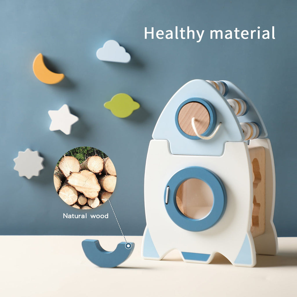 Wooden Rocket Toy with Shape Sorter and Space Theme