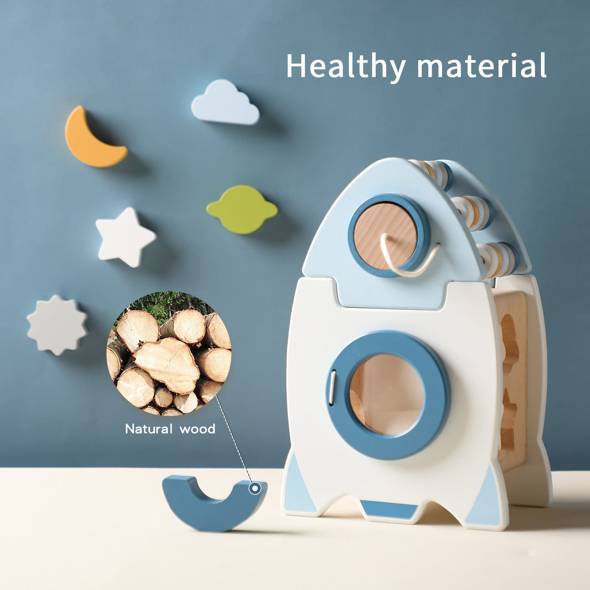 Wooden Rocket Toy with Shape Sorter and Space Theme
