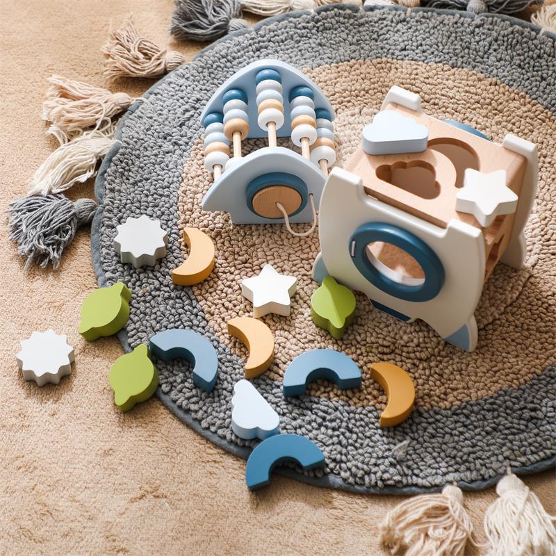 Wooden Rocket Toy with Shape Sorter and Space Theme