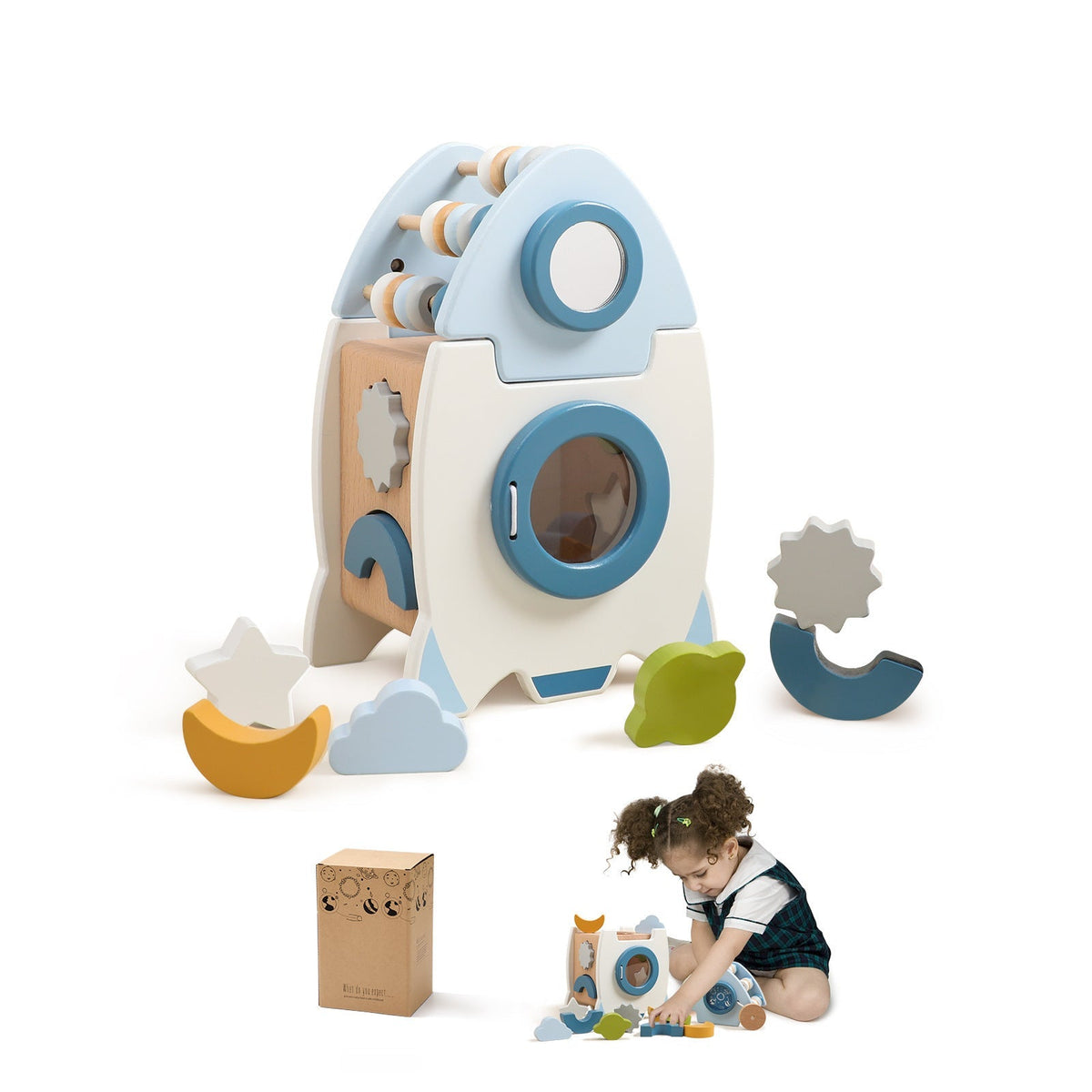 Wooden Rocket Toy with Shape Sorter and Space Theme