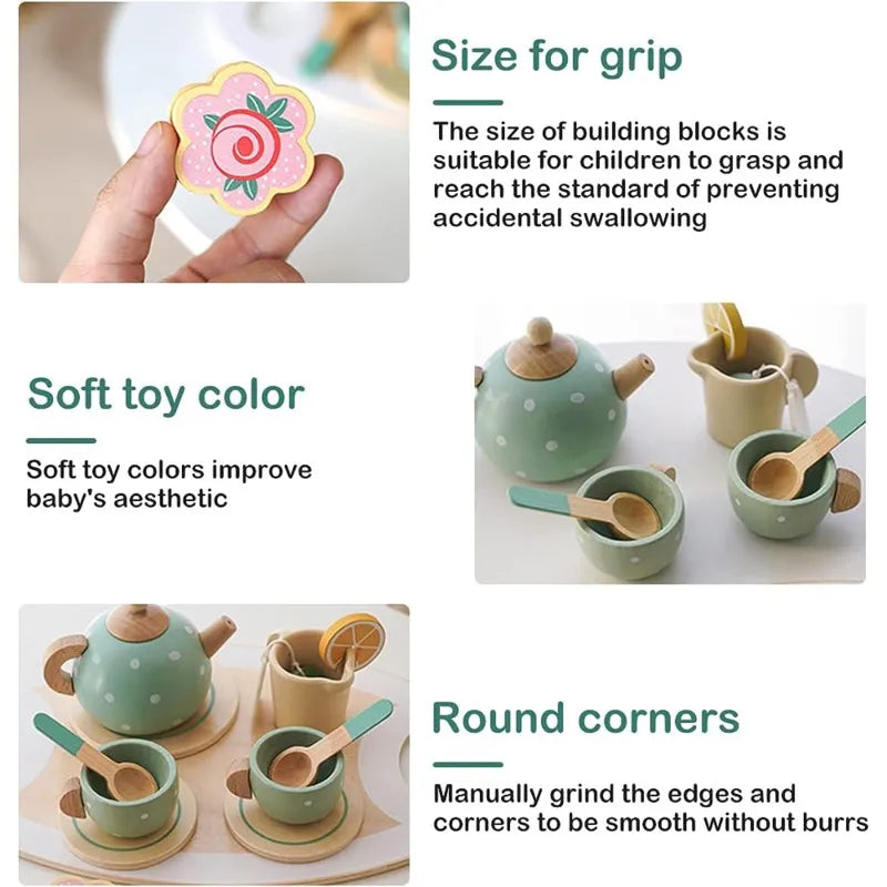 Wooden Tea Set for Pretend Play with Polka Dot Teapot