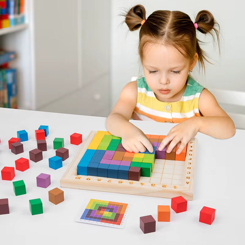 Wooden Puzzle Game with 100 Colorful Blocks and Pattern Cards