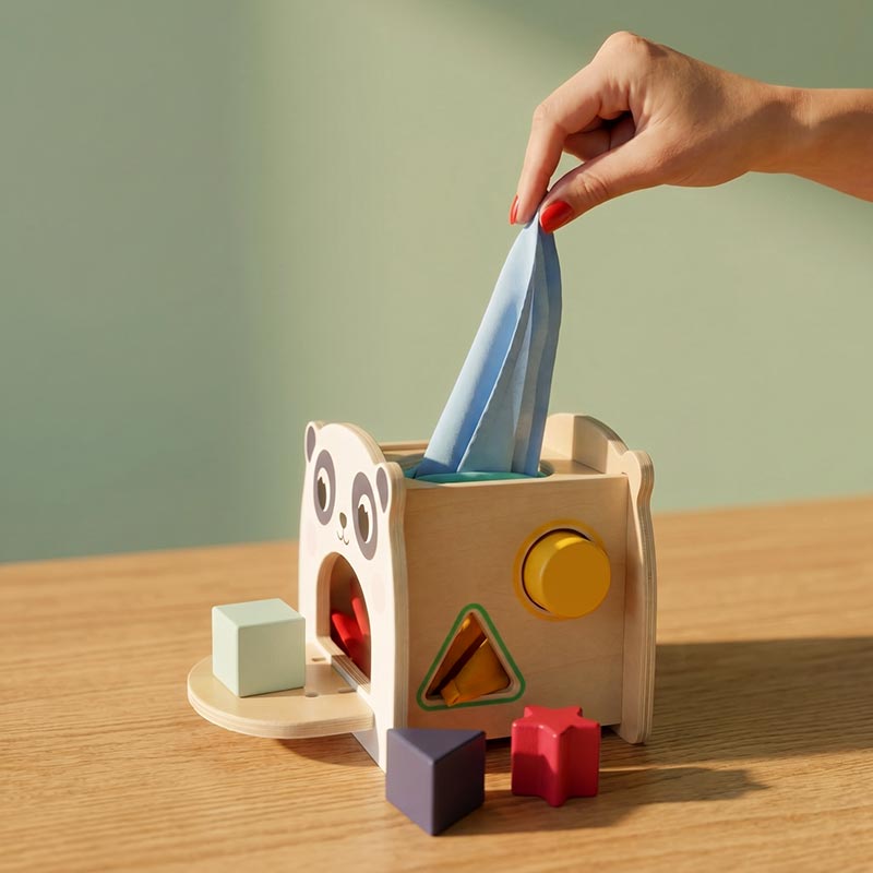 Wooden Tissue Box Toy with Panda Design and Shapes