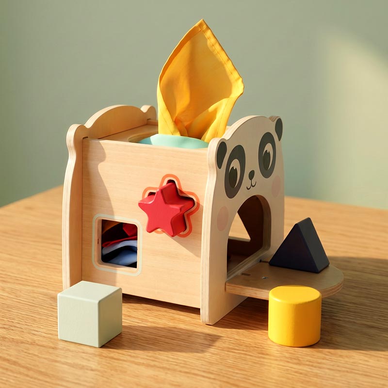 Wooden Tissue Box Toy with Panda Design and Shapes