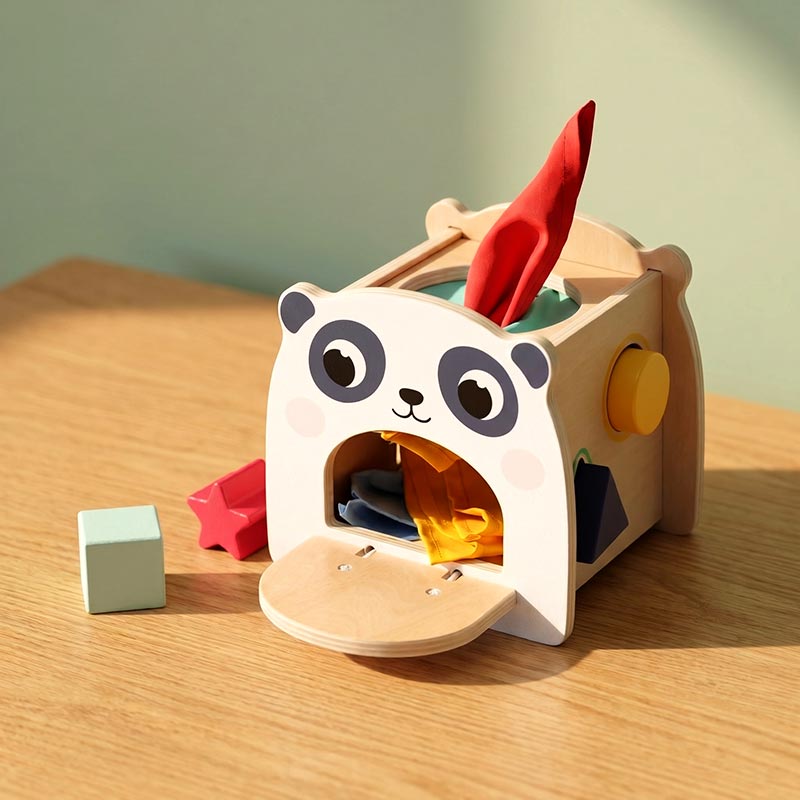 Wooden Tissue Box Toy with Panda Design and Shapes