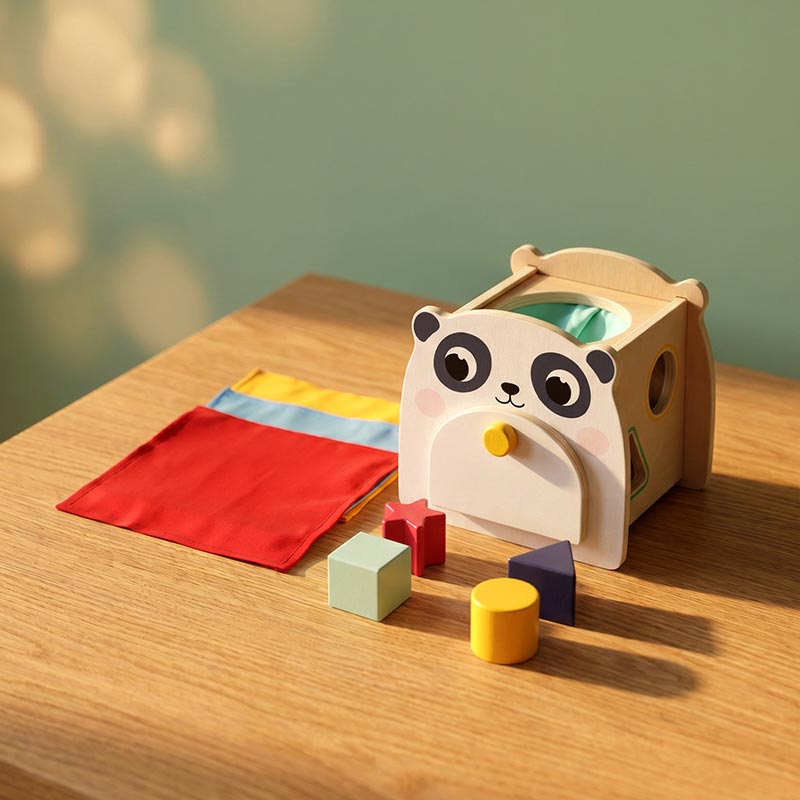 Wooden Tissue Box Toy with Panda Design and Shapes