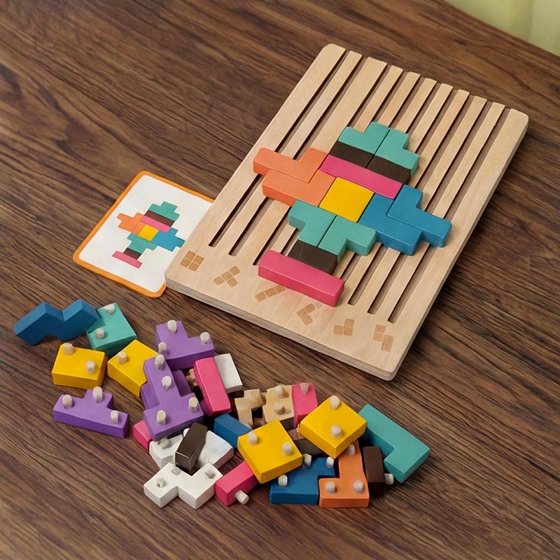 Tetris Puzzle Game with Wooden Board and Challenge Cards