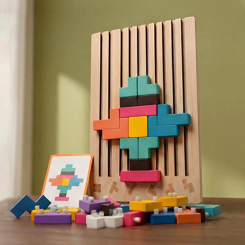 Tetris Puzzle Game with Wooden Board and Challenge Cards