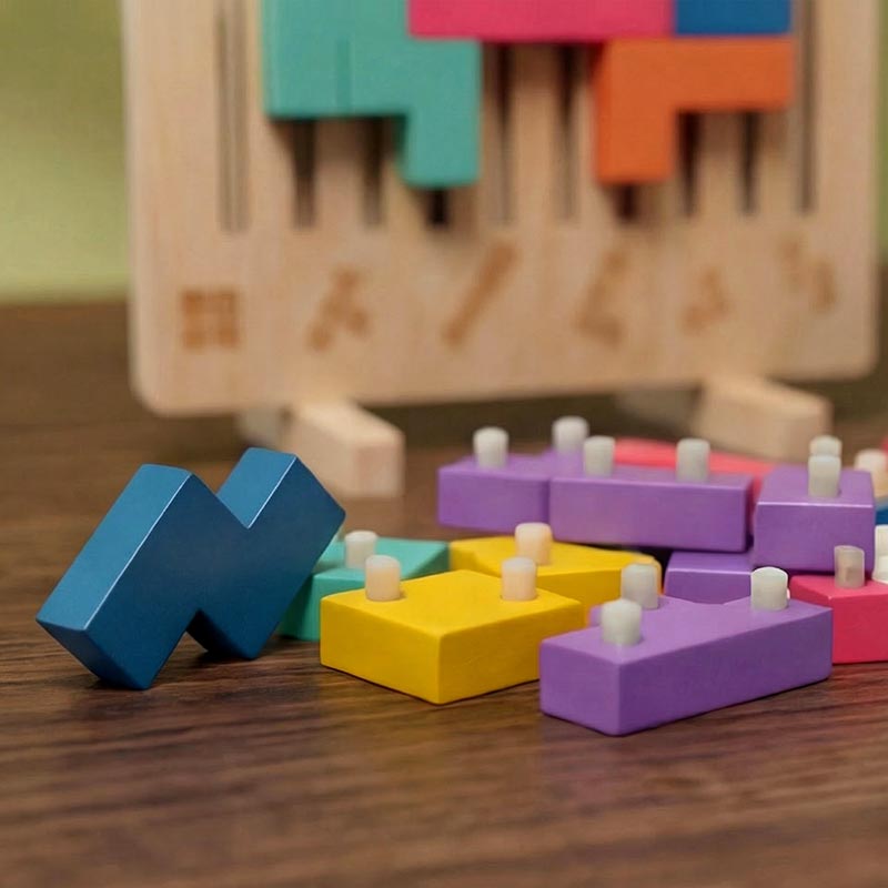 Tetris Puzzle Game with Wooden Board and Challenge Cards