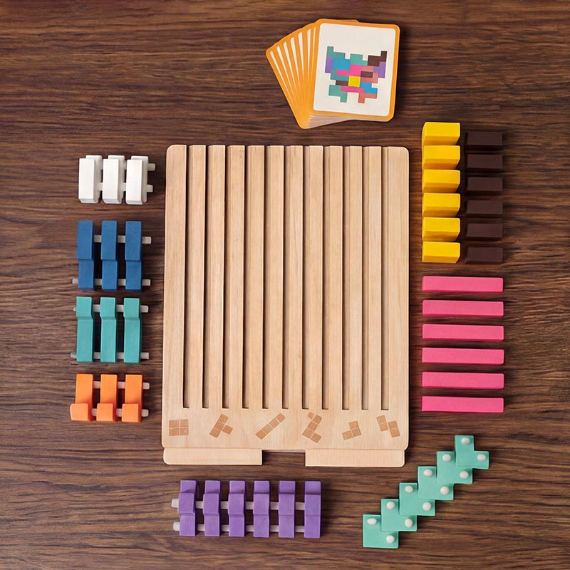 Tetris Puzzle Game with Wooden Board and Challenge Cards