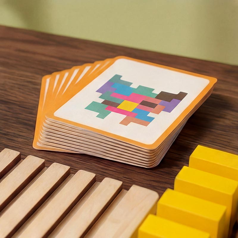 Tetris Puzzle Game with Wooden Board and Challenge Cards