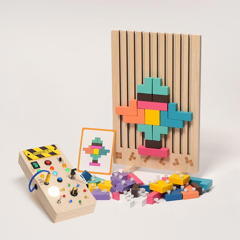 Montessori Puzzle Board with Colorful Tetris Blocks