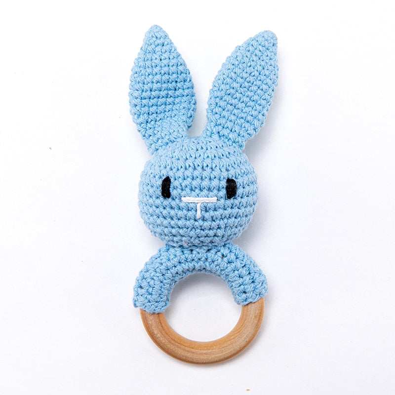 Crochet Baby Teether with Wooden Ring and Animal Design