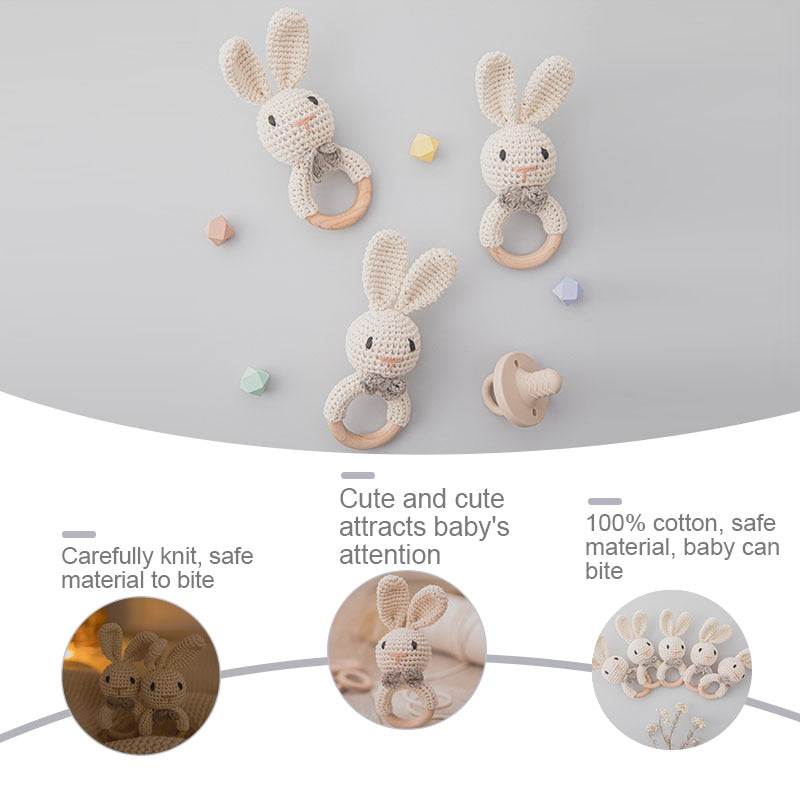 Crochet Baby Teether with Wooden Ring and Animal Design