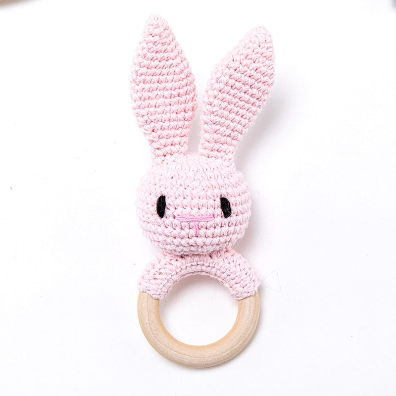 Crochet Baby Teether with Wooden Ring and Animal Design