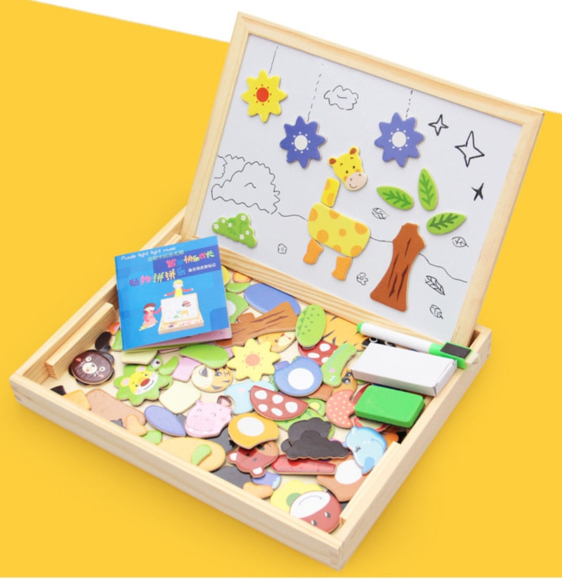 Magnetic Puzzle Board with Drawing Surface and Storage
