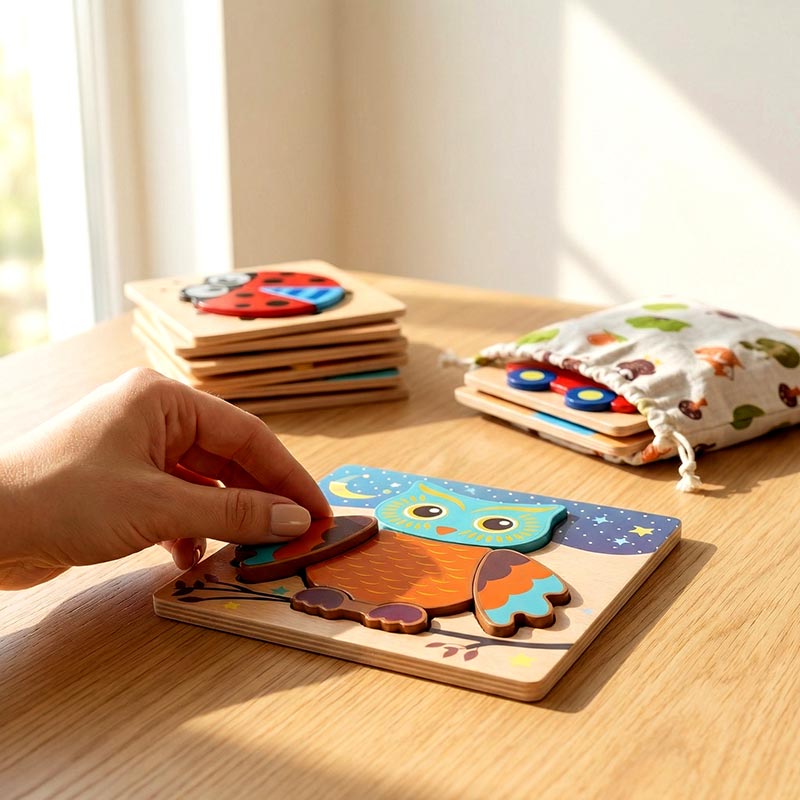 Wooden Owl Puzzle Set with Night Sky Theme
