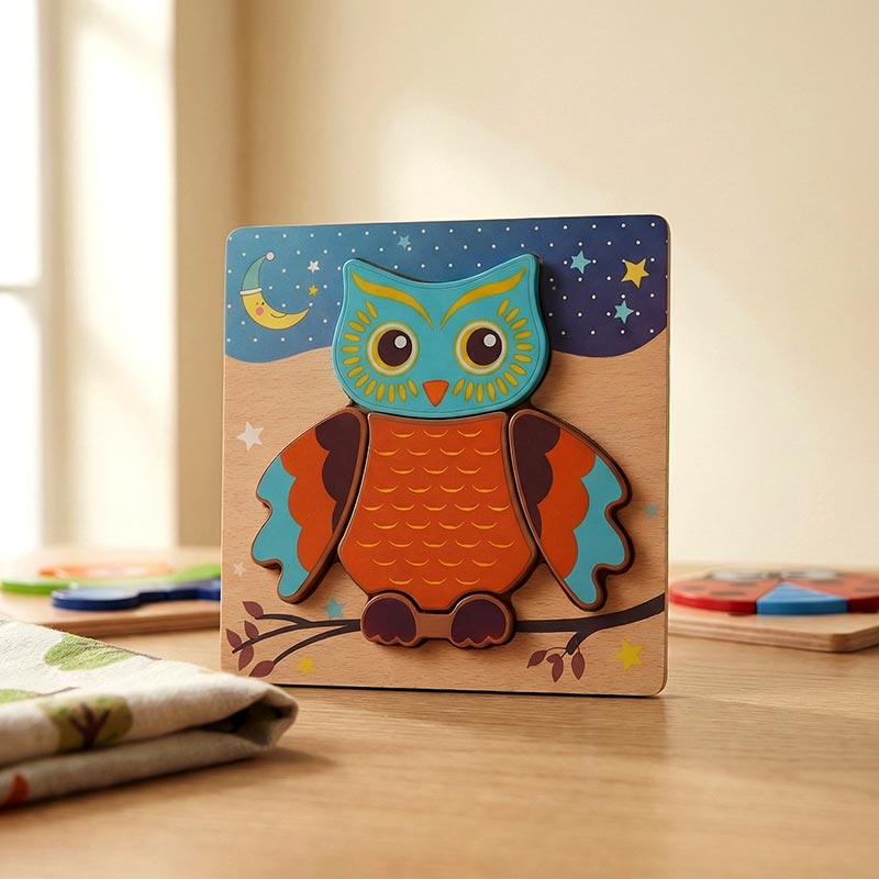 Wooden Owl Puzzle Set with Night Sky Theme