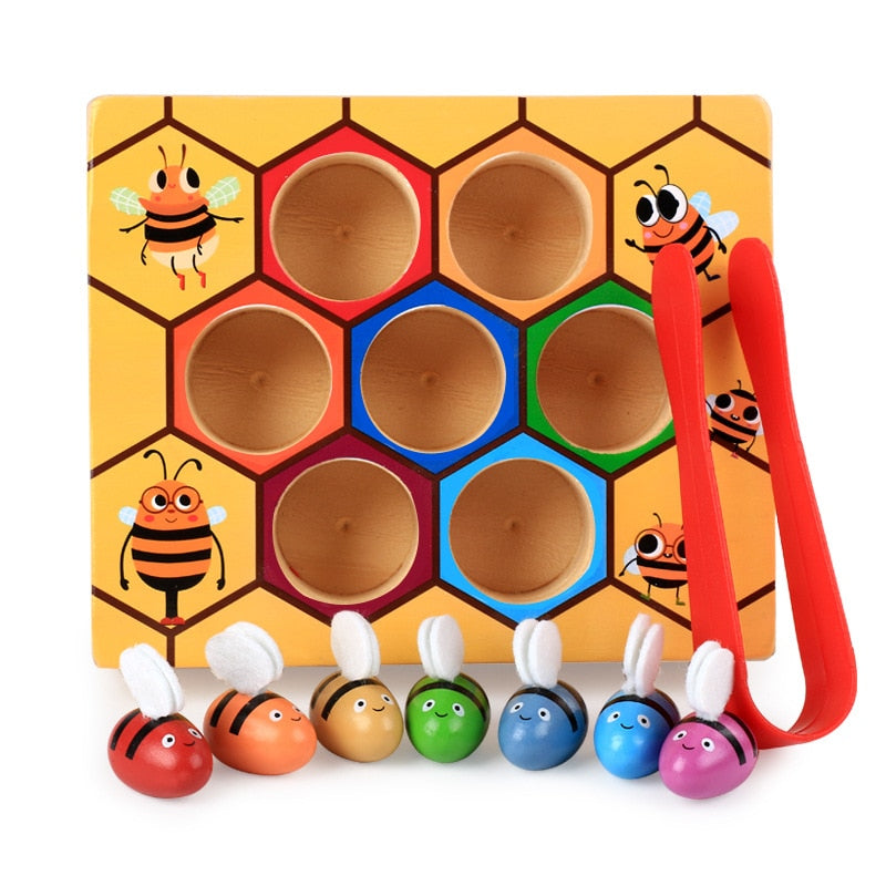Bee Sorting Game with Wooden Tweezers & Colorful Hives
