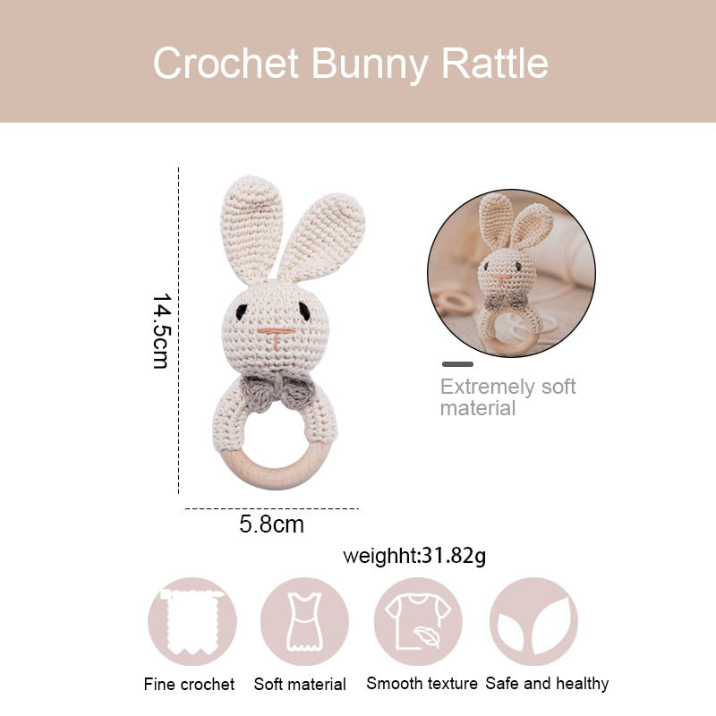 Crochet Baby Teether with Wooden Ring and Animal Design