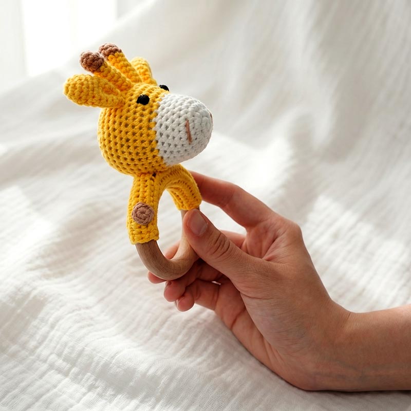 Wooden Baby Rattles Set with Crochet Giraffe Teether