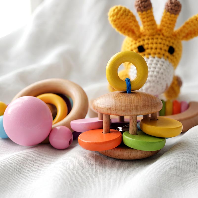 Wooden Baby Rattles Set with Crochet Giraffe Teether