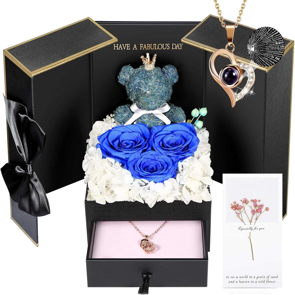 Rose Box Eternity Roses Bear Necklace Jewelry Gift