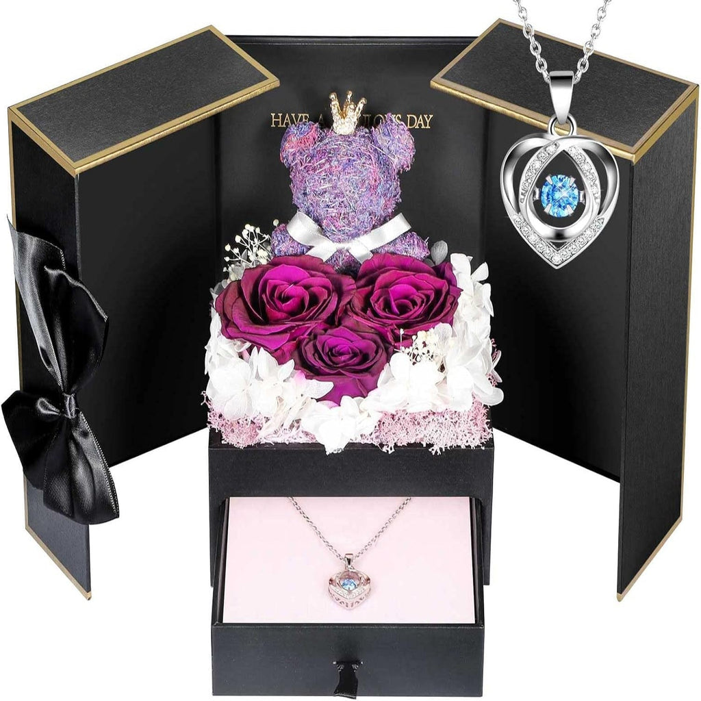 Rose Box Eternity Roses Bear Necklace Jewelry Gift