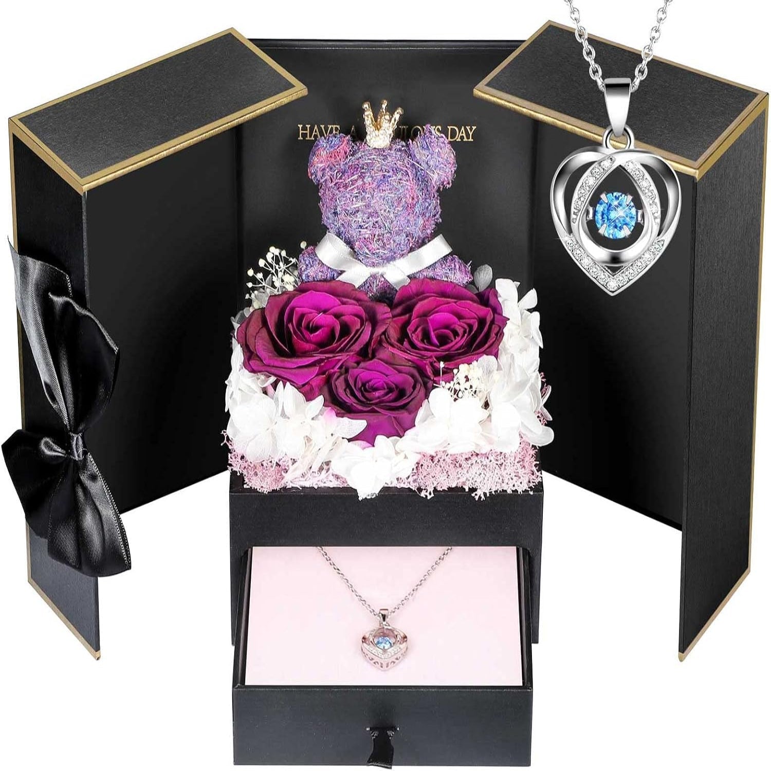 Rose Box Eternity Roses Bear Necklace Jewelry Gift