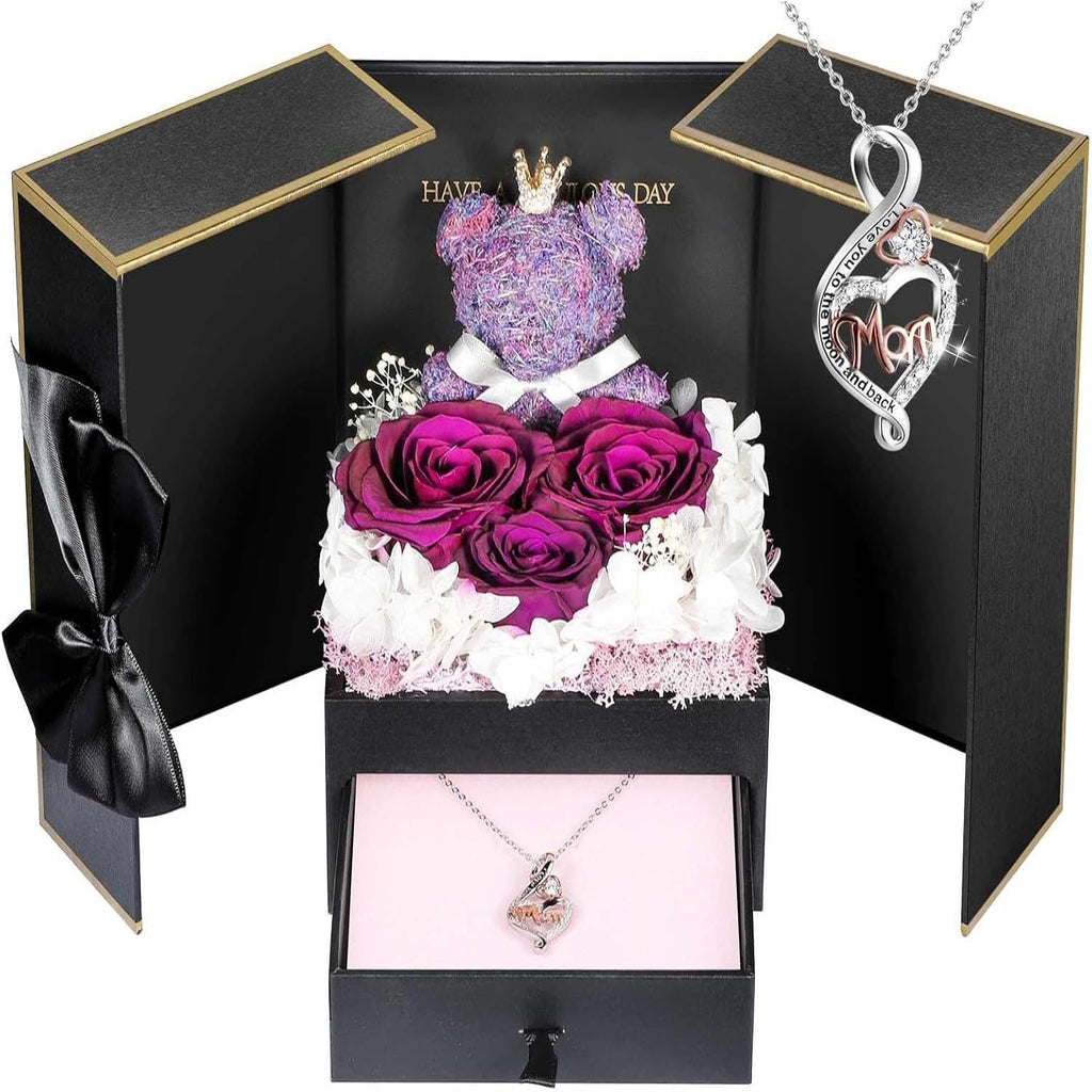 Rose Box Eternity Roses Bear Necklace Jewelry Gift