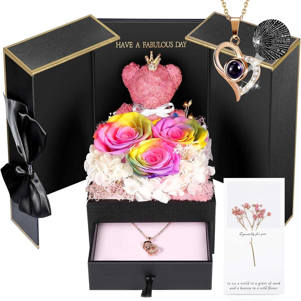 Rose Box Eternity Roses Bear Necklace Jewelry Gift