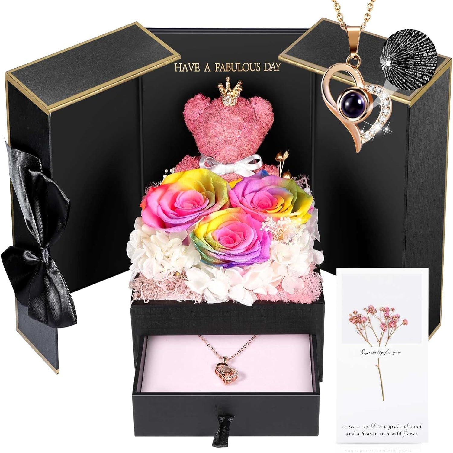 Rose Box Eternity Roses Bear Necklace Jewelry Gift
