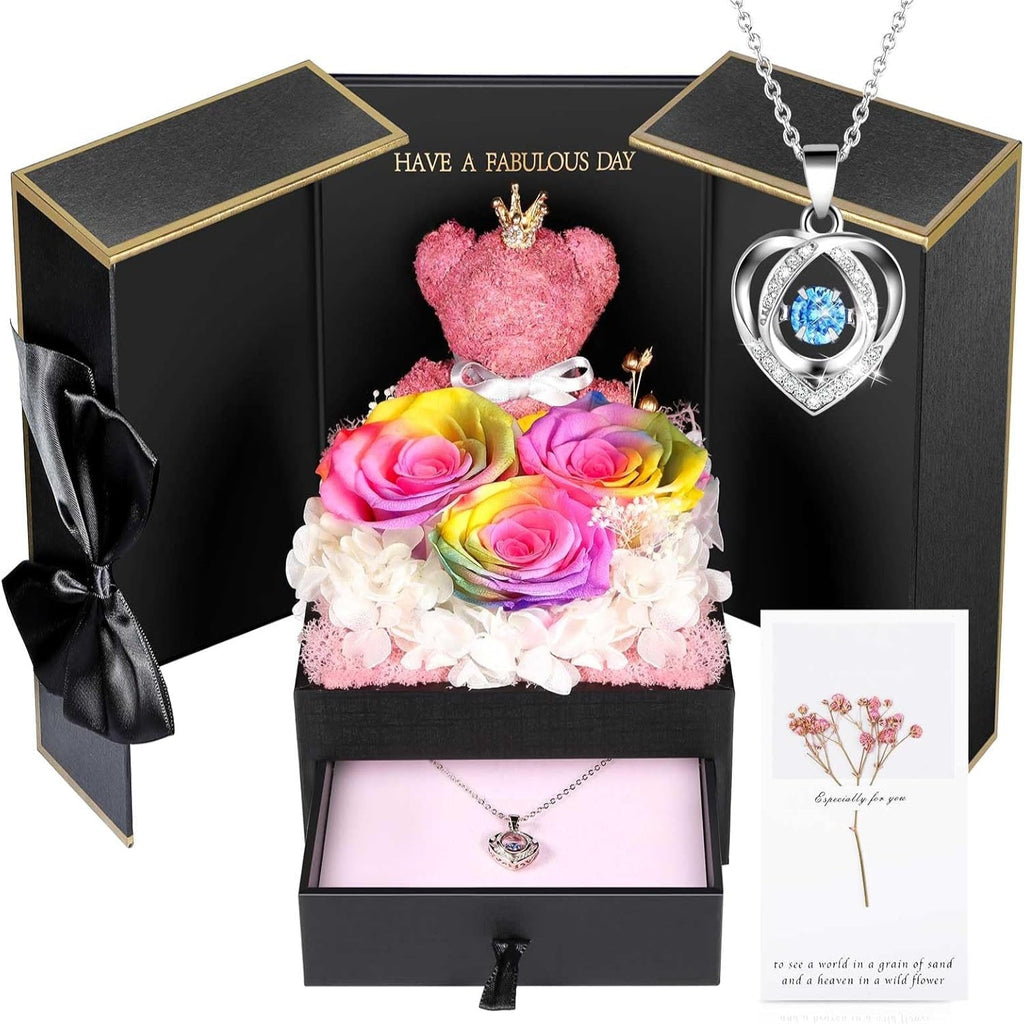 Rose Box Eternity Roses Bear Necklace Jewelry Gift