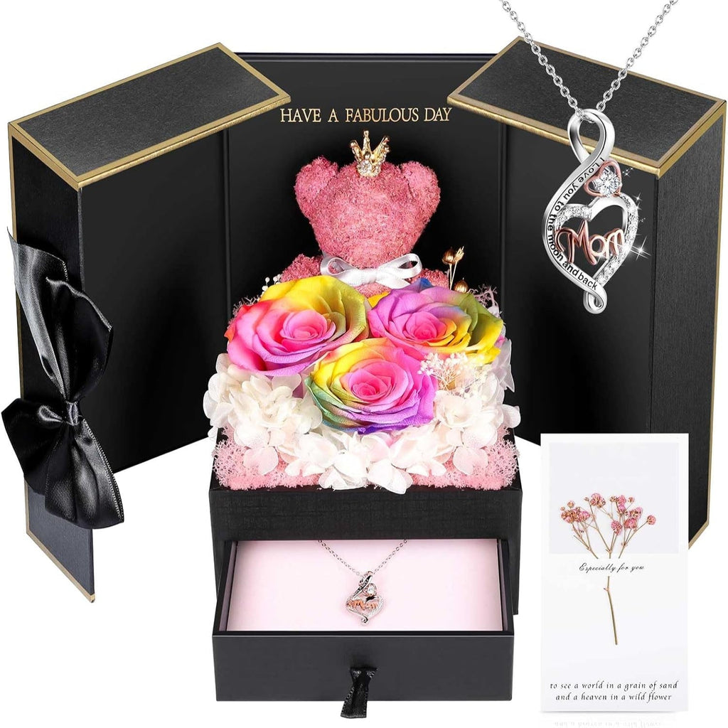 Rose Box Eternity Roses Bear Necklace Jewelry Gift